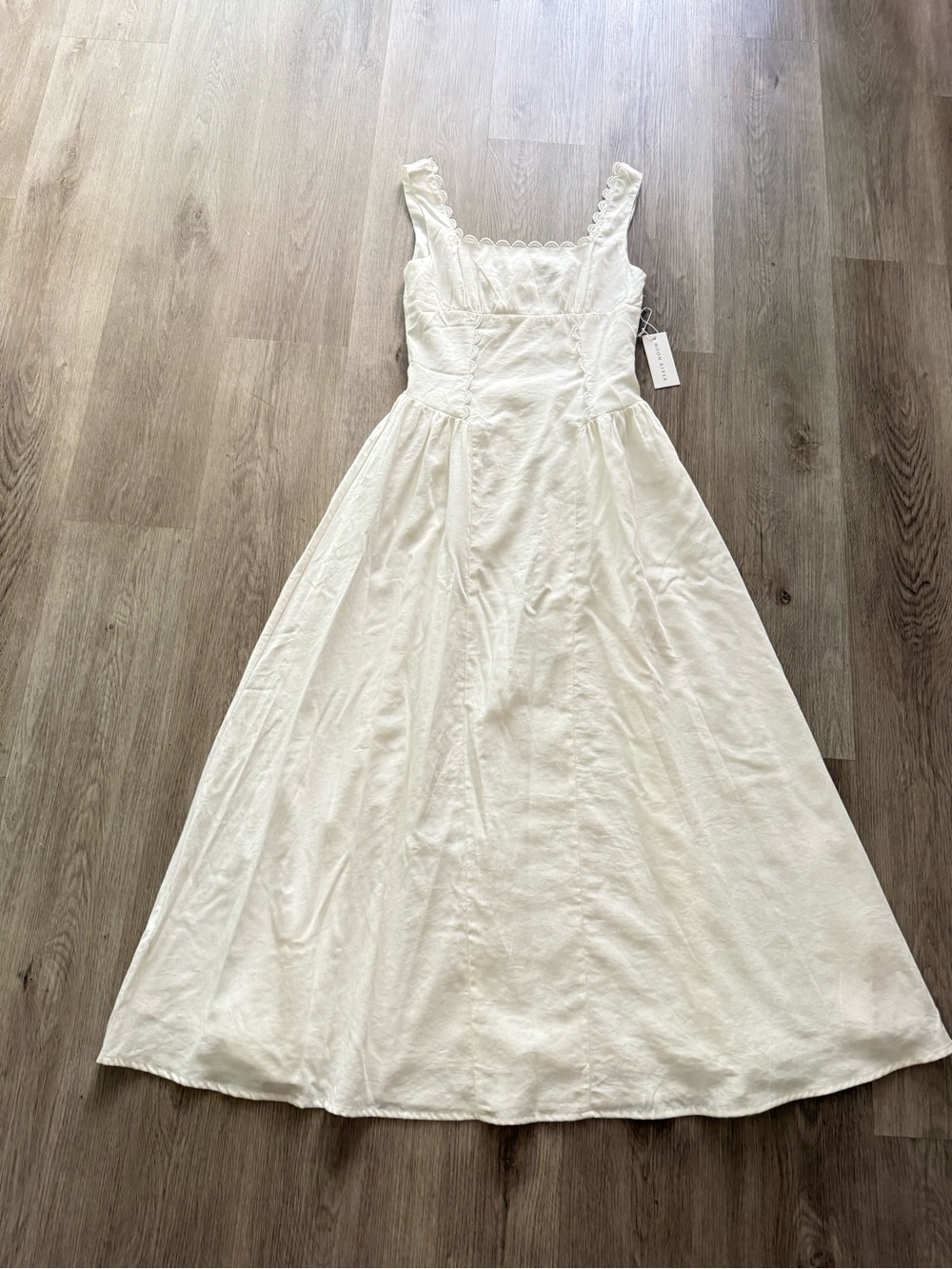 moon river white smocked bodice ruffle trim square neck midi sun dress small NEW
